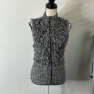 CACHE Black White Knit Sleeveless Full Zip Up Sweater Vest Mock Neck Size Small